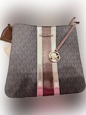Michael Kors Jet Set Signature Crossbody with Metallic Stripes Accents
